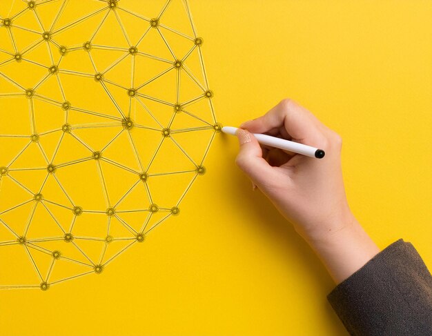 Photo hand holding a brush and painting a grid pattern over a bright yellow background