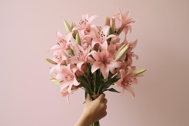 A hand holding a bunch of flowers that says lilies