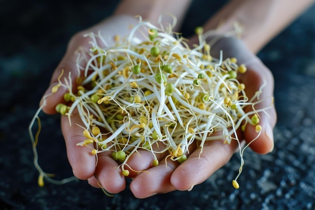 A hand holding a bunch of fresh mung bean sprouts