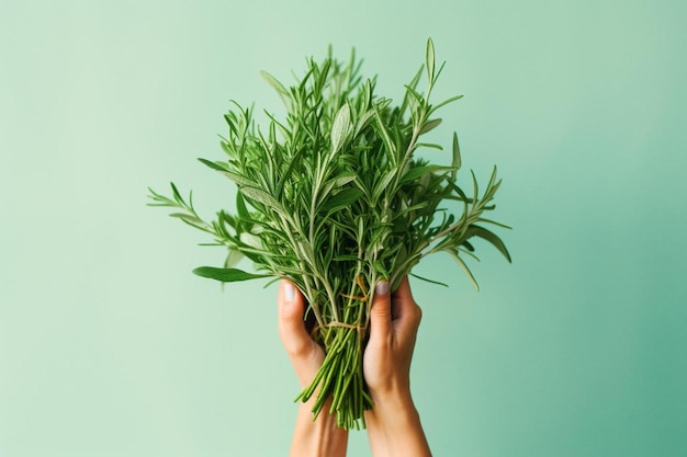 a hand holding a bunch of fresh rosemary