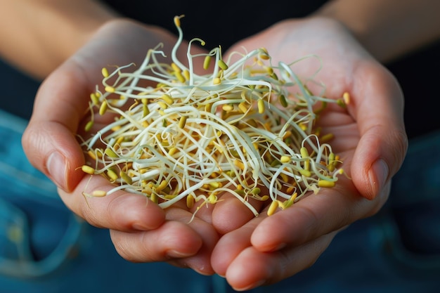 A hand holding a bunch of freshly sprouted mung bean sprouts