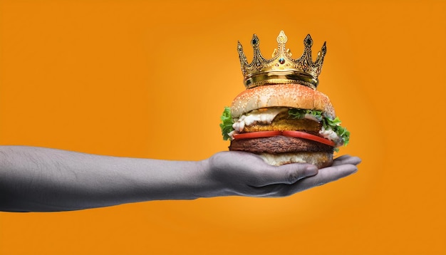 Hand Holding a Burger with a Golden Crown Art Collage of the King Burger Concept