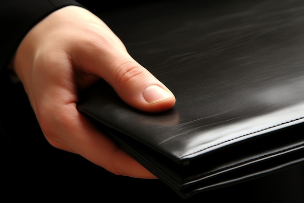 Hand holding business folder black file closeup Person showing empty purse leather open