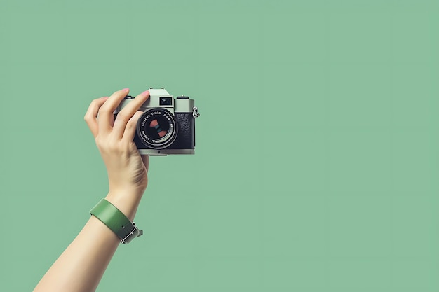 Photo a hand holding a camera on a blue background