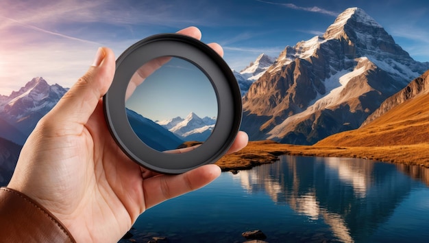 Photo hand holding a camera filter against a stunning mountain backdrop