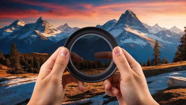 Photo hand holding a camera filter against a stunning mountain backdrop