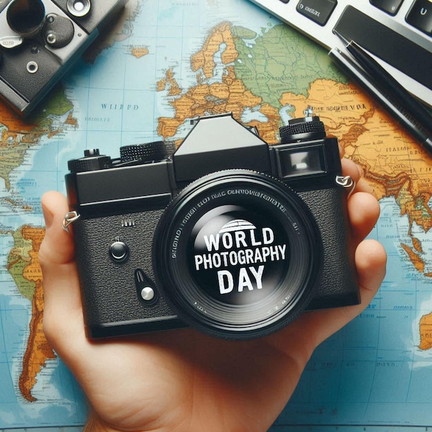 Photo a hand holding a camera that says world photography day photo