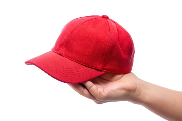 Photo hand holding cap red isolated on white background