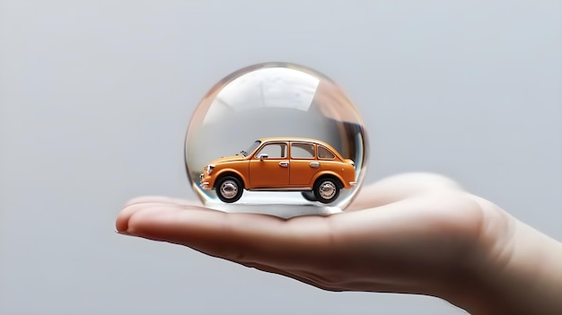 hand holding a car in the glass globe for insurance protection concept