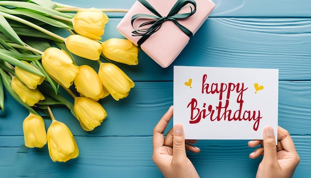 A hand holding a card that says happy birthday on it