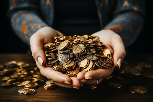 Hand holding cash stack and gold coins in bank setting with accounts and safe in blurred background