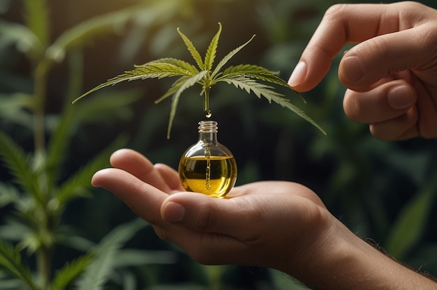 Photo hand holding cbd hemp oil droplet against marijuana