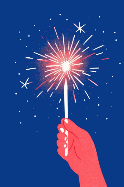 Photo a hand holding a celebration sparkler firework hand drawn illustration style