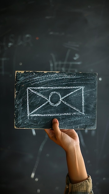 Photo hand holding chalkboard with ecommerce symbols and envelope icon on dark background