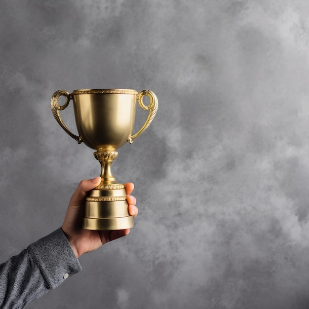 hand holding champion trophy gold color gray background