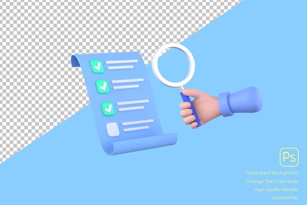 Hand holding checklist paper and hand holding magnifying glass paper with check marks tick icons