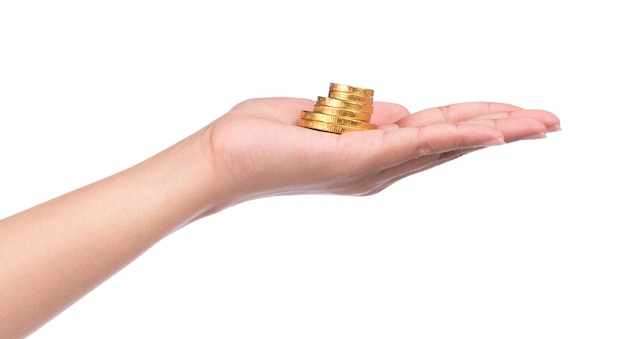 hand holding chocolate gold coin and bar isolated on white background