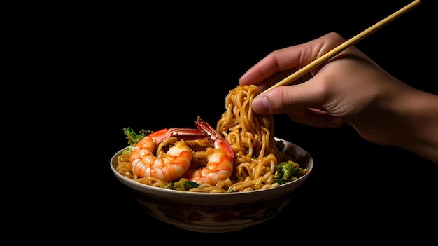 Hand Holding Chopsticks with Shrimp Ramen