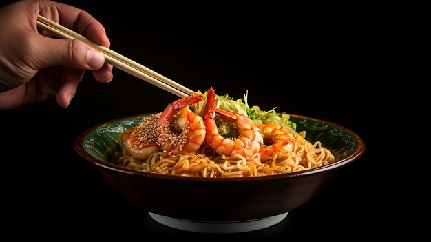 Hand Holding Chopsticks with Shrimp Ramen