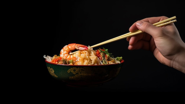 Hand Holding Chopsticks with Shrimp Ramen