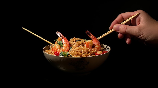 Hand Holding Chopsticks with Shrimp Ramen