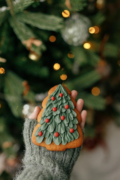 Hand holding christmas tree gingerbread cookie on background of christmas tree with lights Cozy home atmospheric winter time Merry Christmas Holiday banner