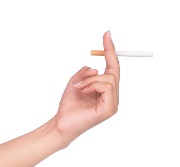 Hand holding a cigarette butt isolated on White background.