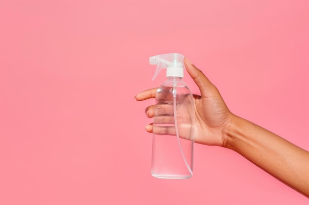 Photo hand holding clear spray bottle against bright pink background in indoor setting