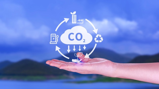 Hand holding CO2 reducing virtual icon for decrease carbon dioxide emission carbon footprint and carbon credit to limit global warming from Bio climate change concept