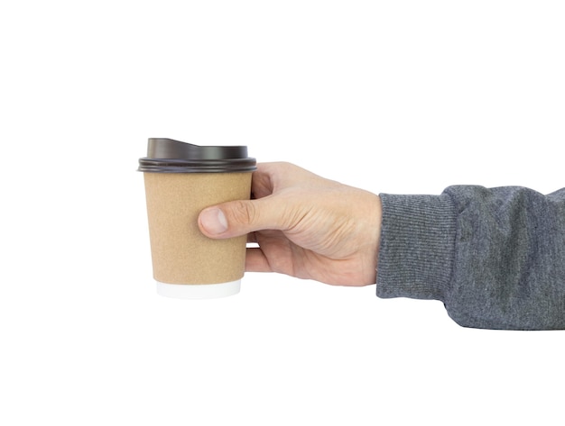 Hand holding coffee cup isolate on white clipping path