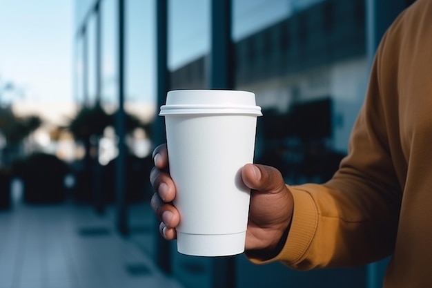 Hand holding a coffee cup mockup