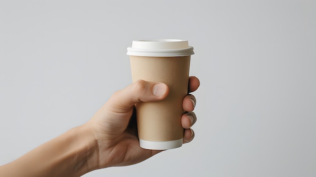 a hand holding a coffee cup on a white background