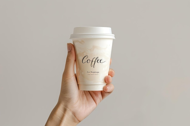 A hand holding a coffee cup with a white background