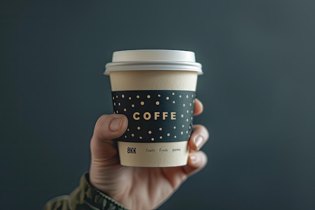 Photo a hand holding a coffee cup with the words coffee on the bottom