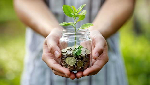 Photo hand holding coins with growing plant symbolizing financial growth investment and sustainability