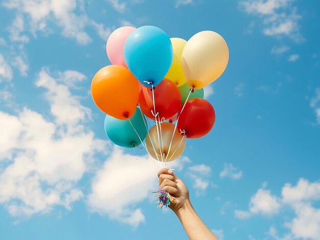 Photo hand holding colorful balloons against blue sky with white clouds