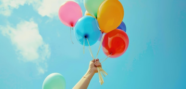 Photo hand holding colorful balloons against blue sky