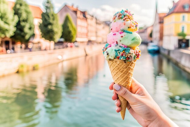 Photo hand holding a colorful ice cream cone with multiple scoops and toppings set against a scenic canal and charming town in the background perfect for travel and dessert themes