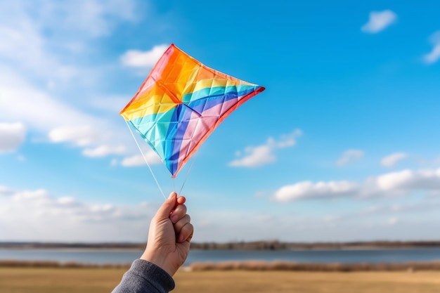 A hand holding a colorful kite ready to take flight