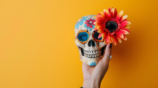 Hand holding a colorful painted sugar skull with a flower on its eye