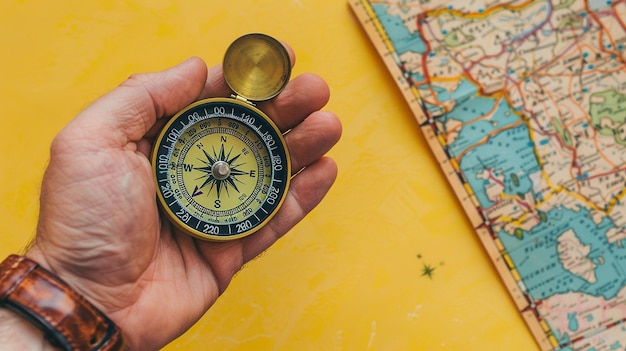 Photo a hand holding a compass and a map of the world