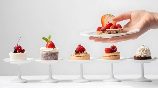 Photo hand holding complimentary dessert dishes for advertising on white background