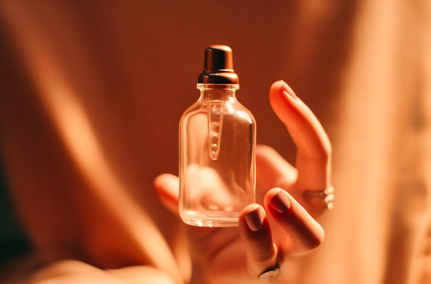 Hand holding cosmetic bottle on beige background