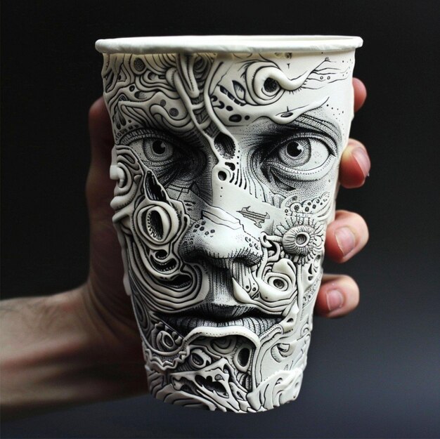 Photo a hand holding a cup with a face drawn on it