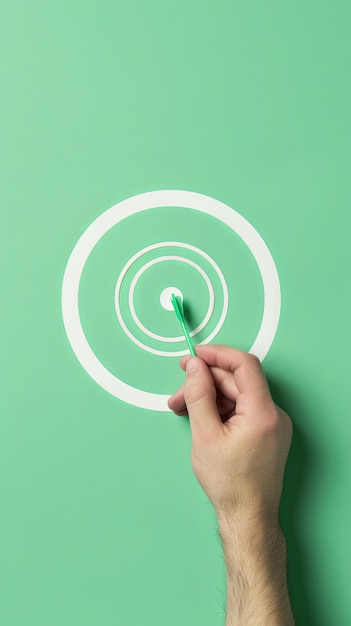 Photo hand holding a dart in the bullseye of a target