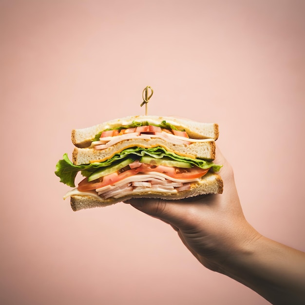 Photo hand holding a delicious club sandwich