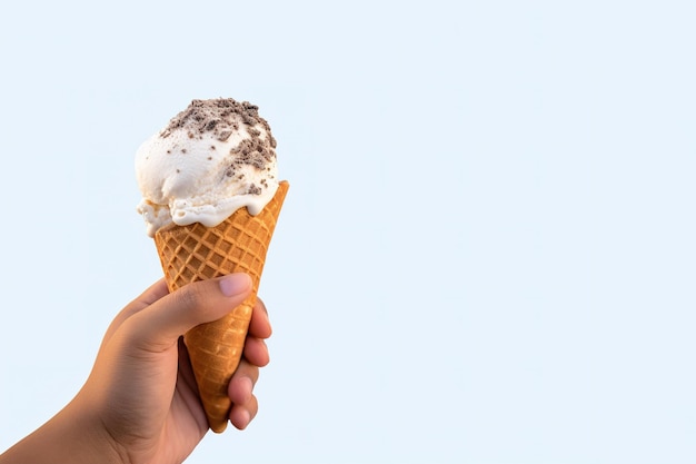 Hand holding delicious cookies and cream ice cream in a crispy waffle cone with copy space