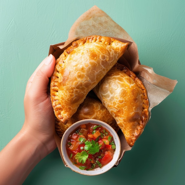 Photo hand holding delicious empanadas with salsa on a green background colombian or argentinian cuisine