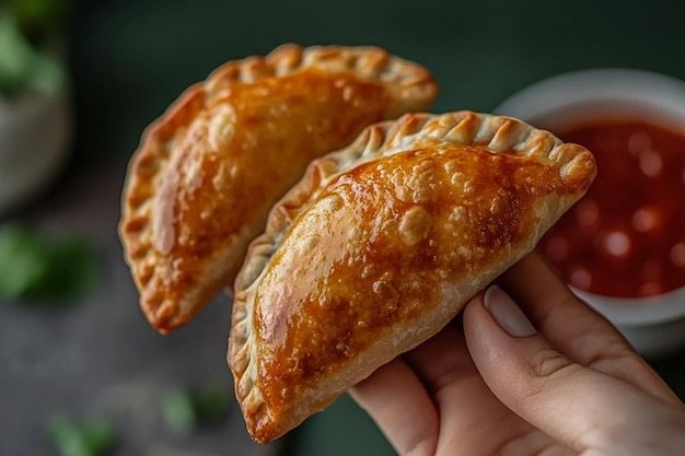 Photo hand holding delicious empanadas with salsa on a green background colombian or argentinian cuisine