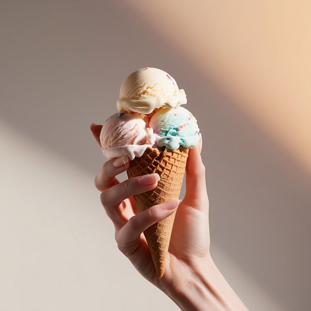 Photo hand holding delicious ice cream in studio